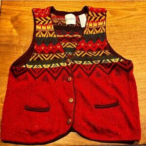Vintage Ramie Blend Red Artsy Fair Isle‎ Knit Vest Women's Large Jessica Tierney